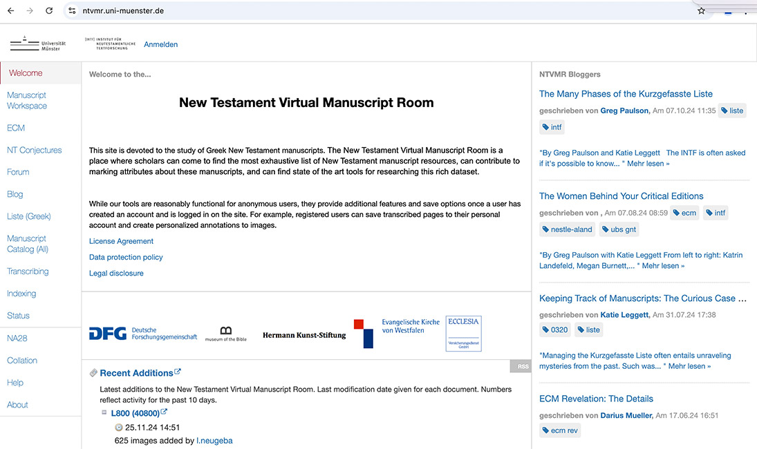 Screenshot des New Testament Virtual Manuscript Rooms der Uni Münster 