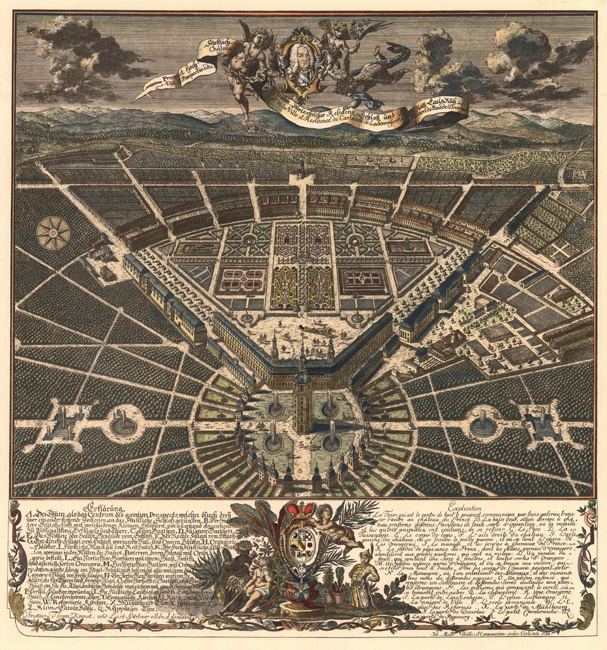 Karlsruhe, 1739 – kolorierter Kupferstich von Johann Matthias Steidlin (nach Christian Thran), Prospect Hoch-Fürstlich-Baden-Durlachischer Residenz-Schloß und Statt CarlsRuh, Stadtarchiv Karlsruhe, 8/PBS XVI 47, 