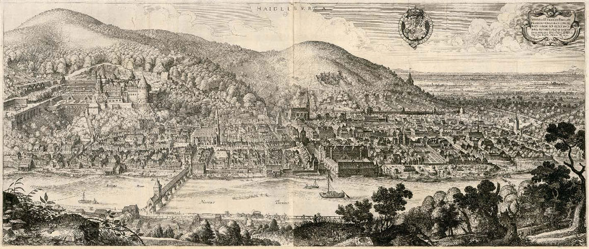 Heidelberg, 1620 – Radierung von Matthäus Merian d. Ä., Haidelberga, Ansicht der Stadt Heidelberg von Norden, ca. 105 × 44 cm