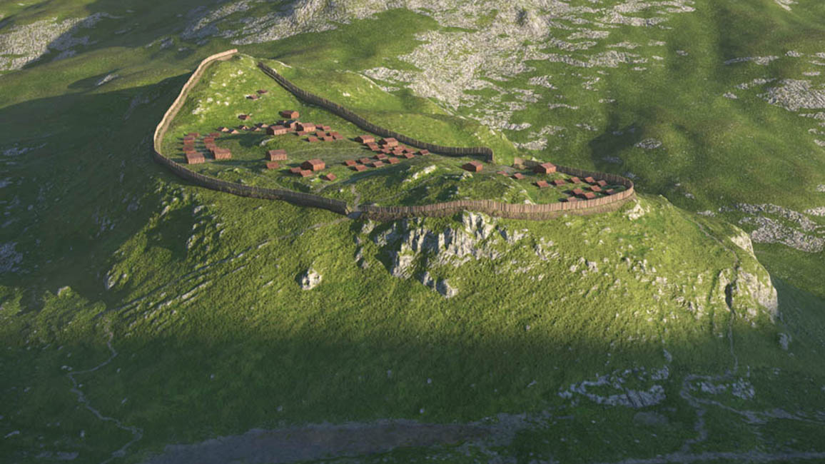 Septimerpass. Rekonstruktion des befestigten römischen Zeltlagers, im Vordergrund der Passübergang.