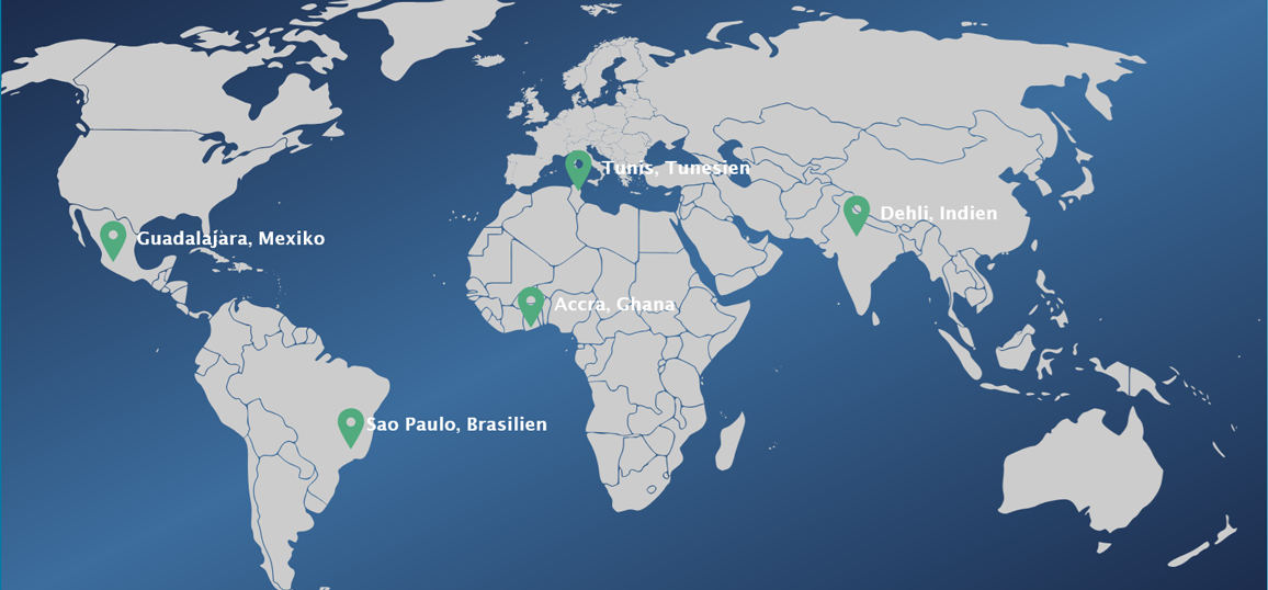 Weltkarte mit den Merian Centres in Brasilien, Ghana, Indien, Mexiko und Tunesien